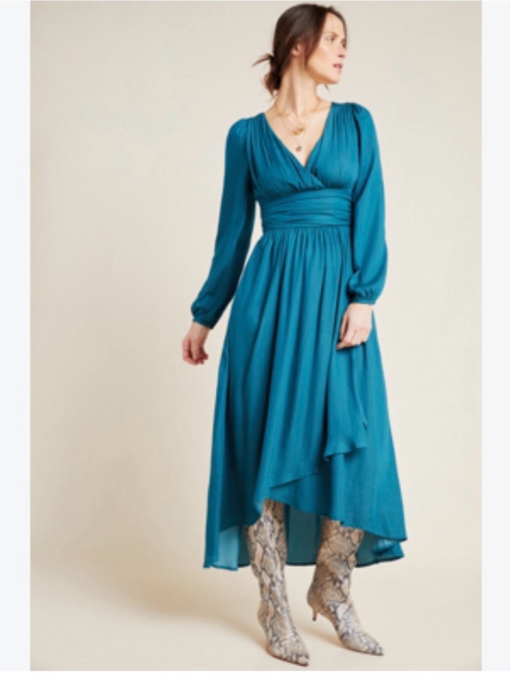NWT Anthropologie Gwendolyn Draped Maxi Dress Teal Puff Sleeve Size 2